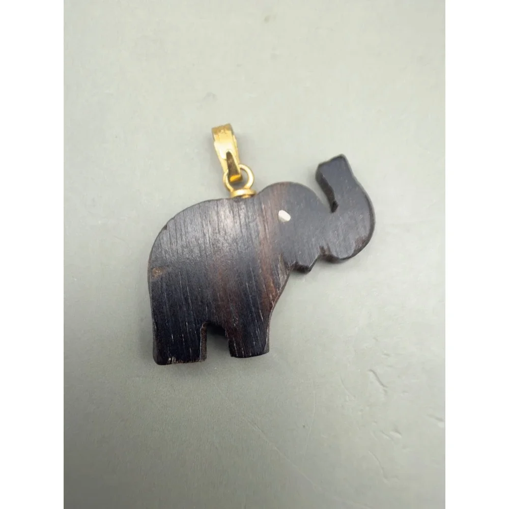 Elephant Pendant Wood Gold Tone Animal Charm Dark Brown Small Boho Jewelry